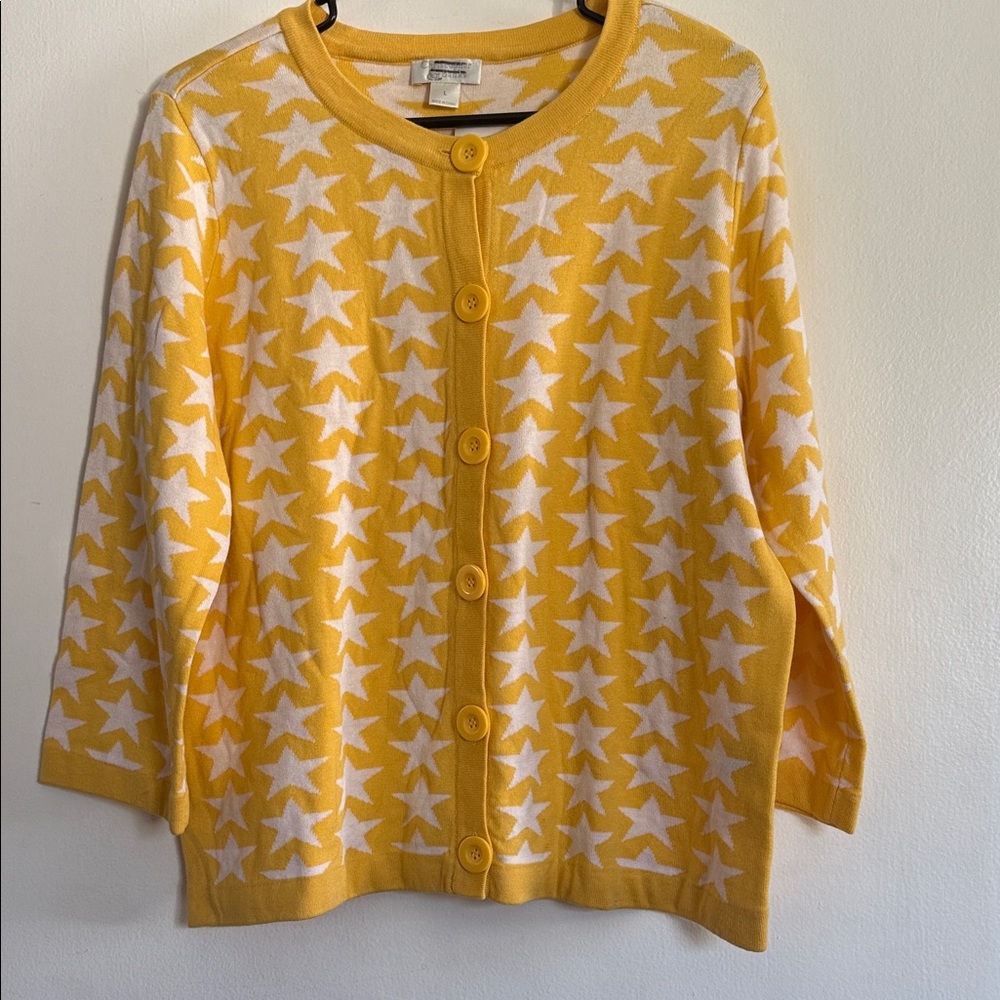 Christopher & Banks Yellow and White Star Button-Front Cardigan